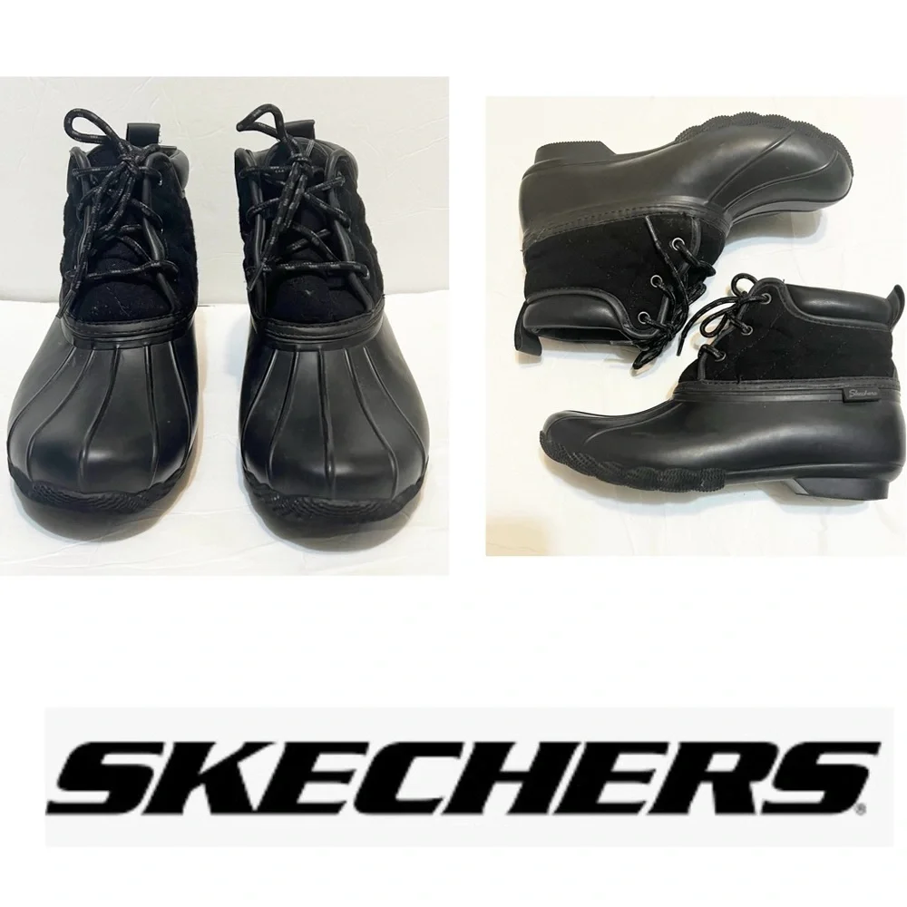 Skechers Memory Foam Womens Duck Boots Size 8 Black Wool Blend Lace Up